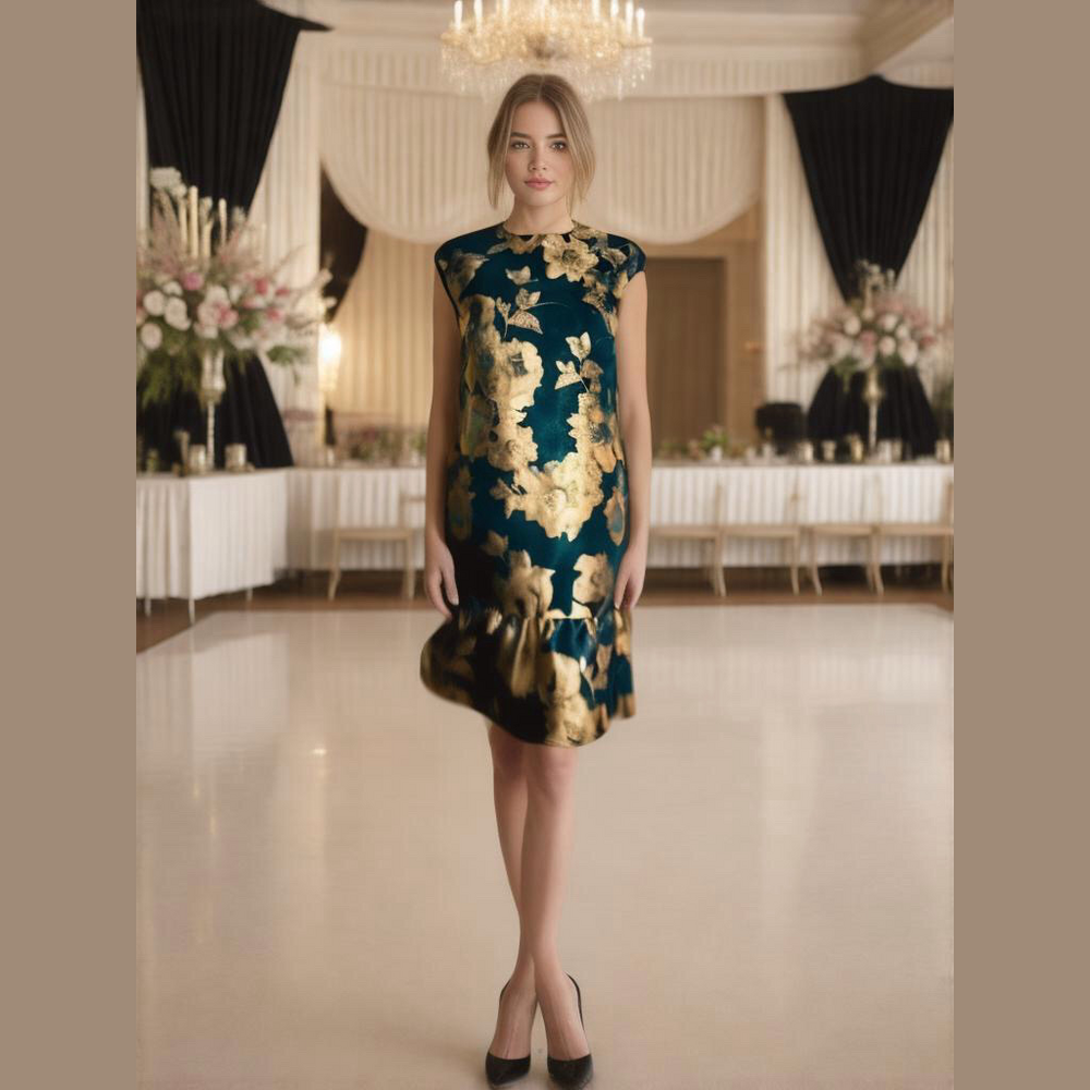 Donna Ricco Sleeveless Black Gold Roses Lamè Dress Size 6